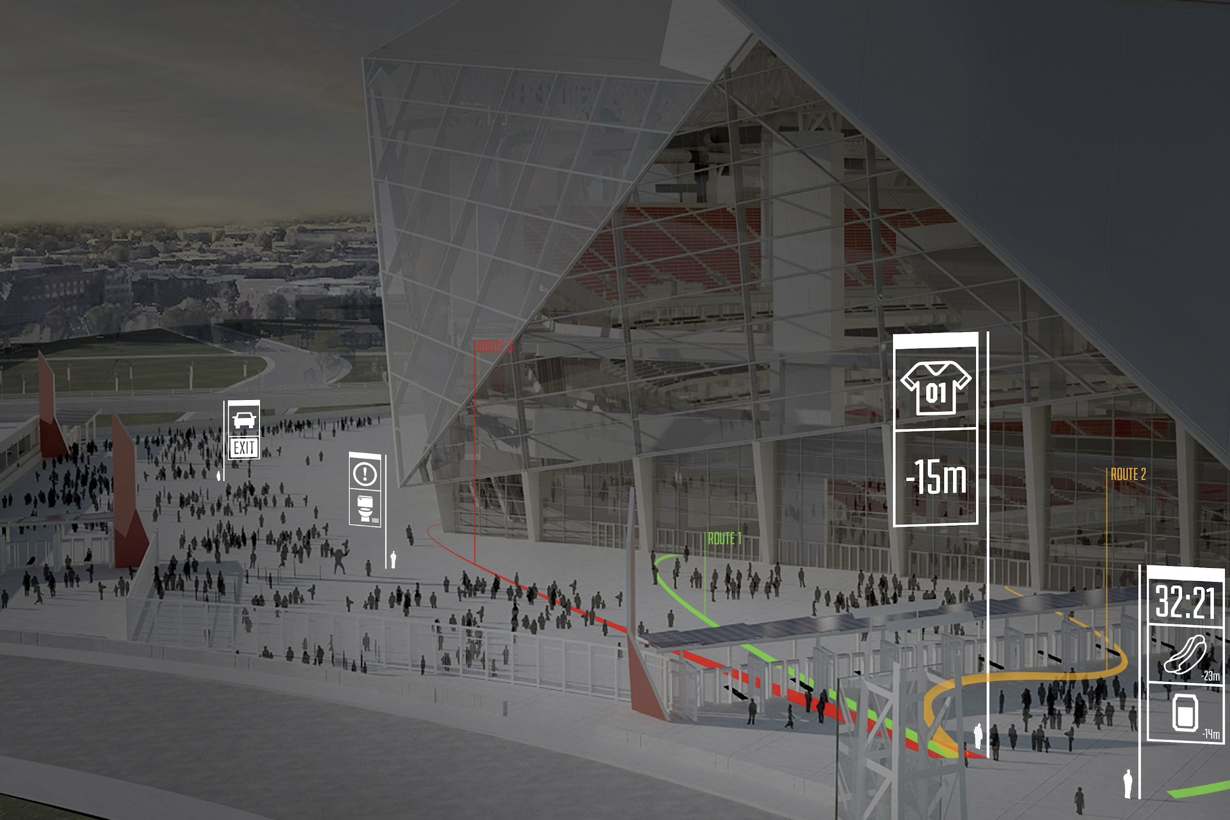 Mercedes-Benz Stadium with wayfinding visualization showing fan routes and stadium amenities