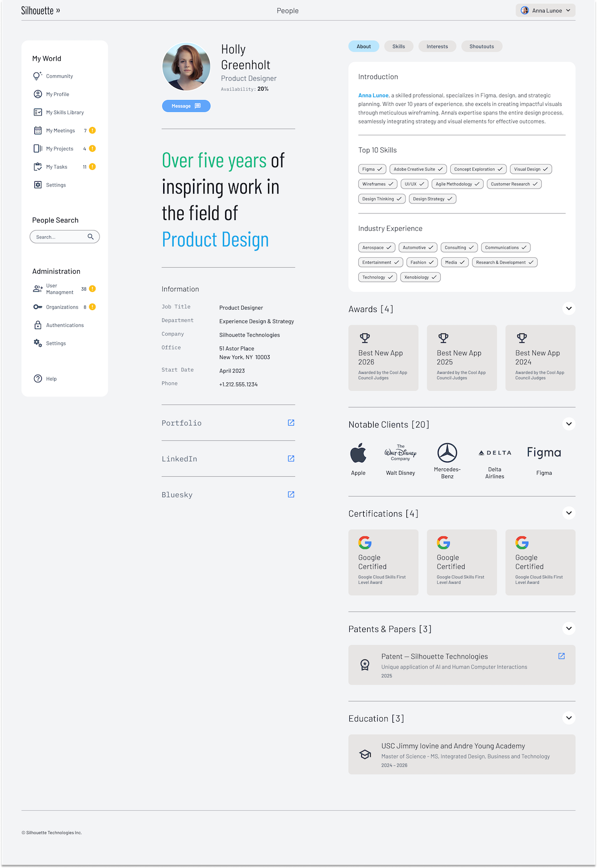 Silhouette people platform showing a profile page with introduction, top skills, industry experience, awards, certifications, notable clients, patents, and education