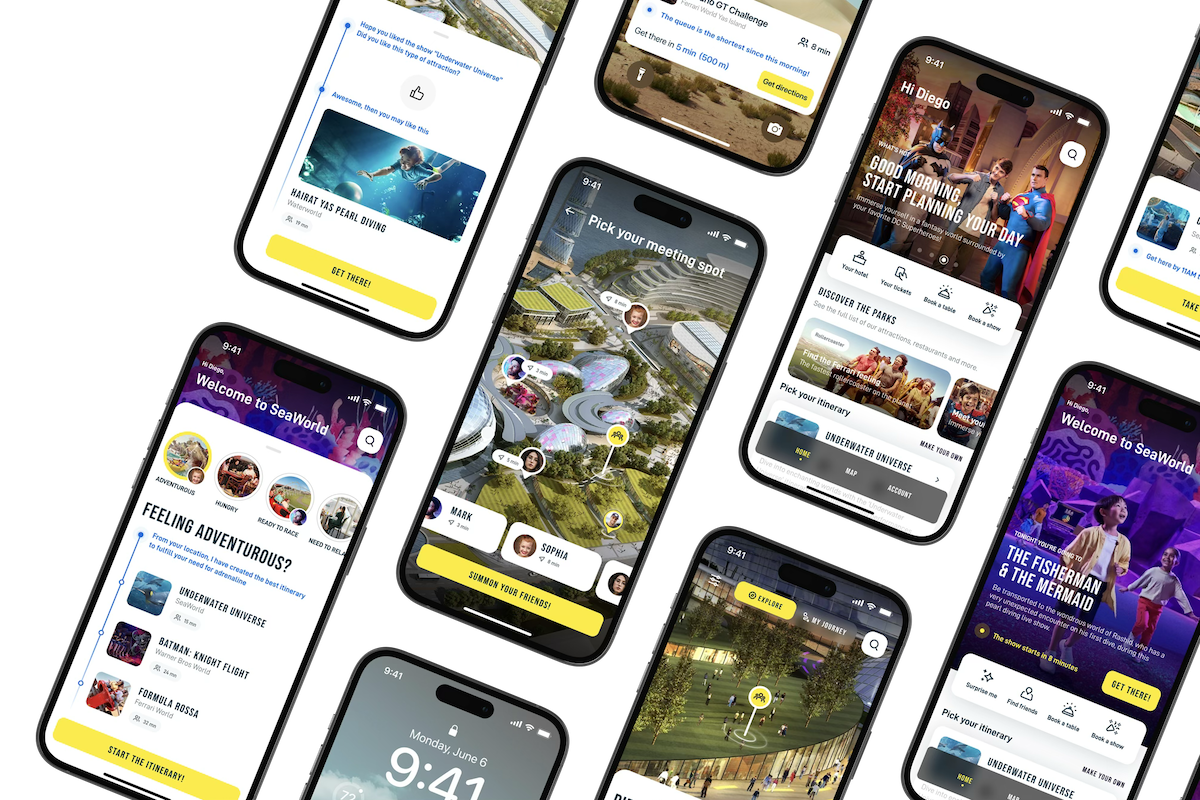 Multiple iPhone mockups arranged at angles, showing screens of the Yas Island park experience app