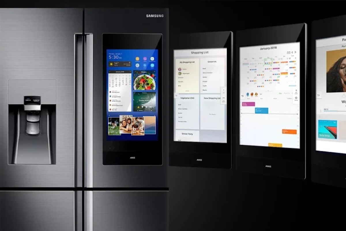 Lineup of Samsung Family Hub refrigerator front displays showing different connected kitchen interface states